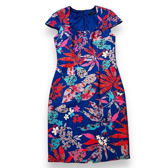David Meister Sheath Dress Midi Floral Print Colorful Bodycon Career Wear SZ 10 - Picture 1 of 7